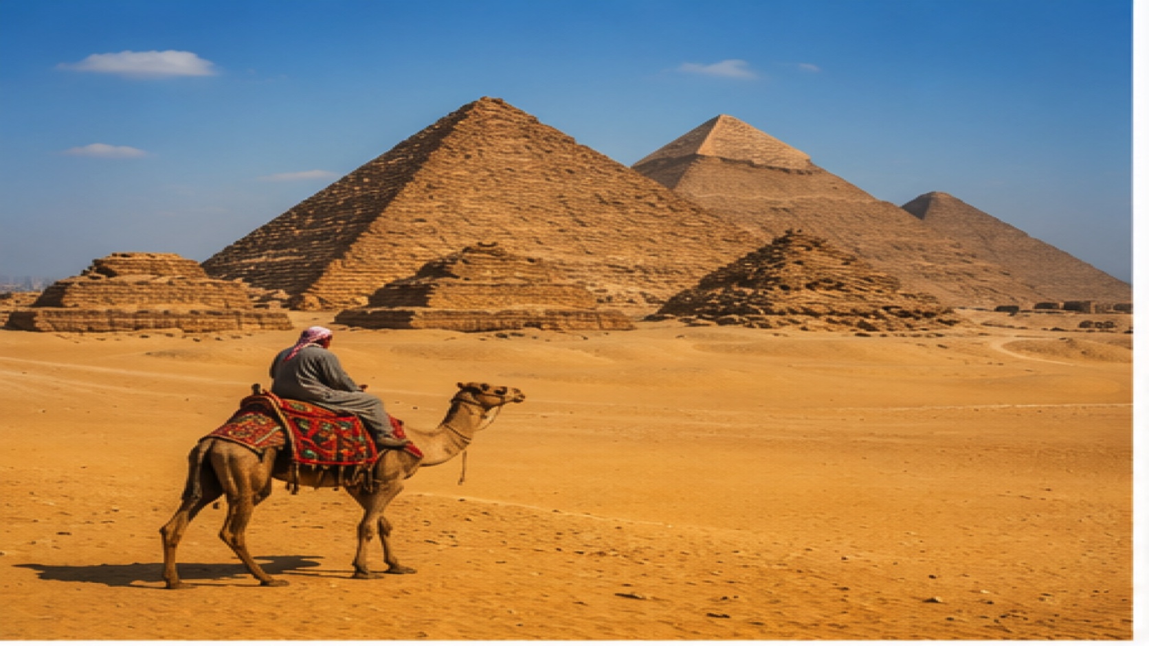 Giza pyramids with a camel rider in the desert
