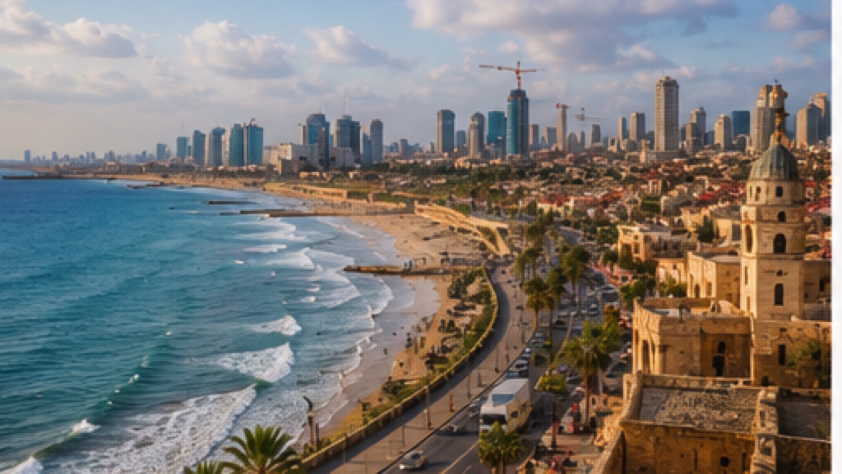 Mediterranean coastline and city skyline in Jaffa