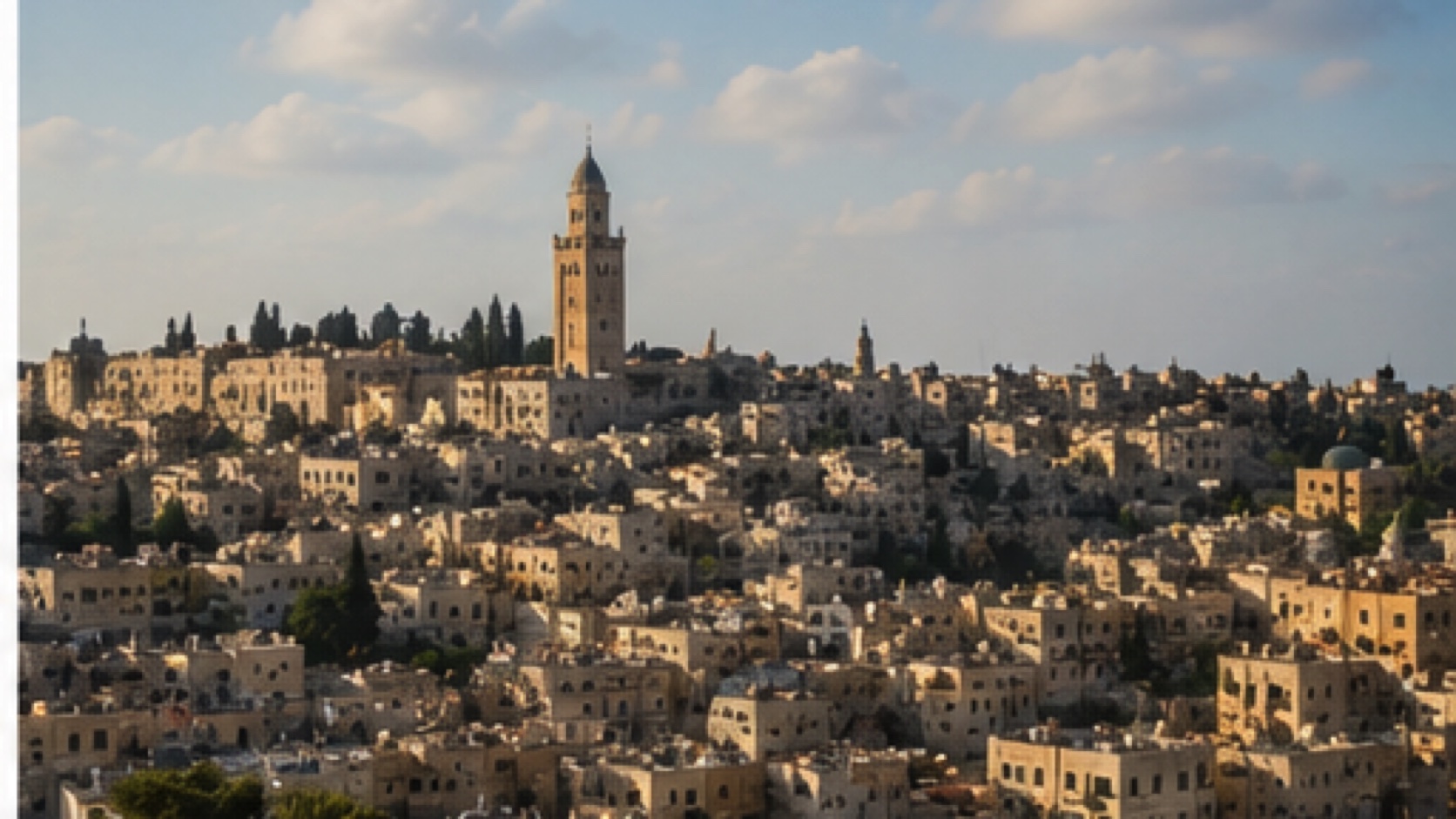 Jerusalem hillside skyline with historic towers and stone buildings