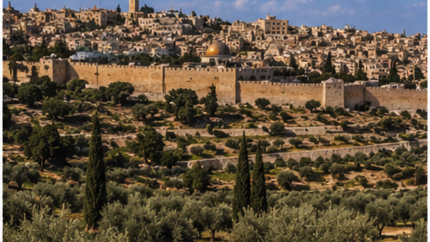 Mount of Olives view with Jerusalem walls and old city landmarks