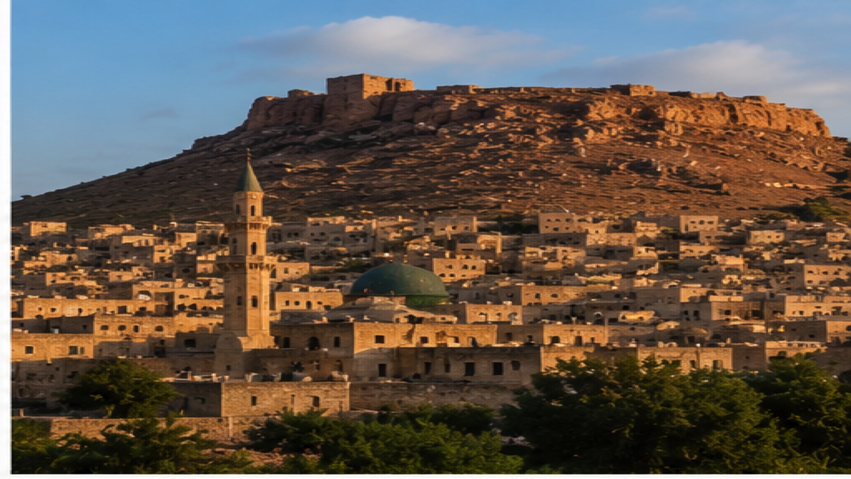 Aleppo Citadel rising above the old city at golden hour