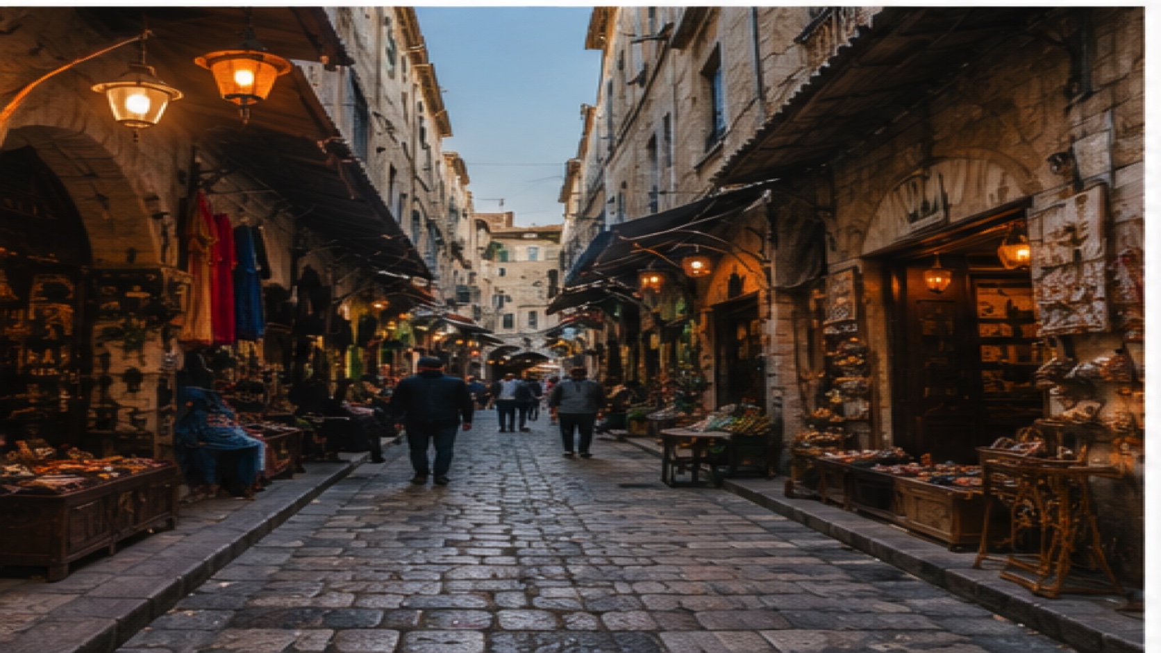 Historic Syrian souk street with warm shop lights and stone paving