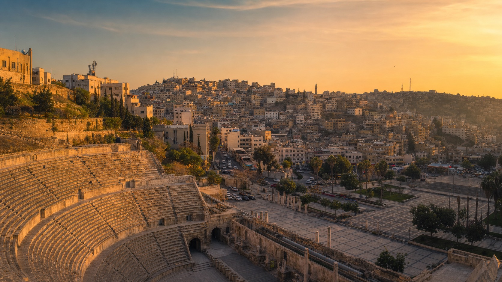 Amman skyline and Roman Theater area at sunset