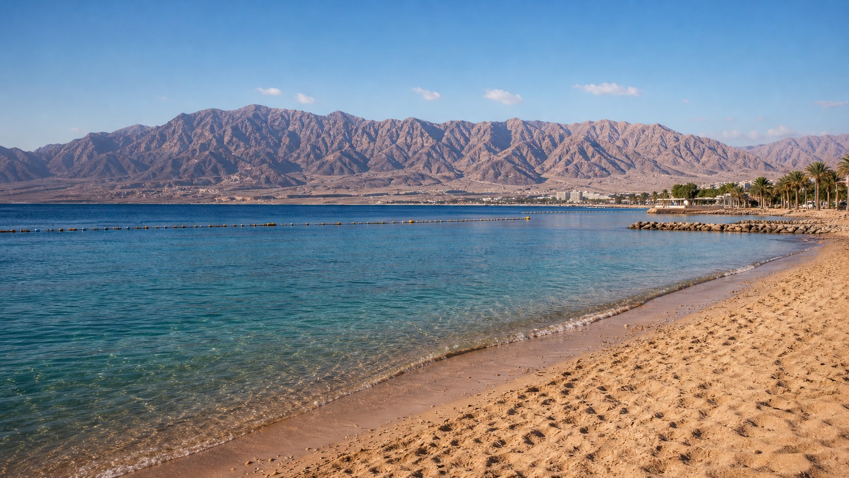 Aqaba Red Sea beach with clear water and mountains