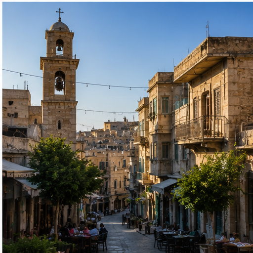 Old town street in As-Salt with bell tower, stone buildings, and balconies