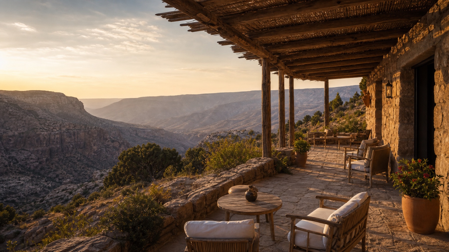 Eco-lodge terrace and nature stay atmosphere in Dana
