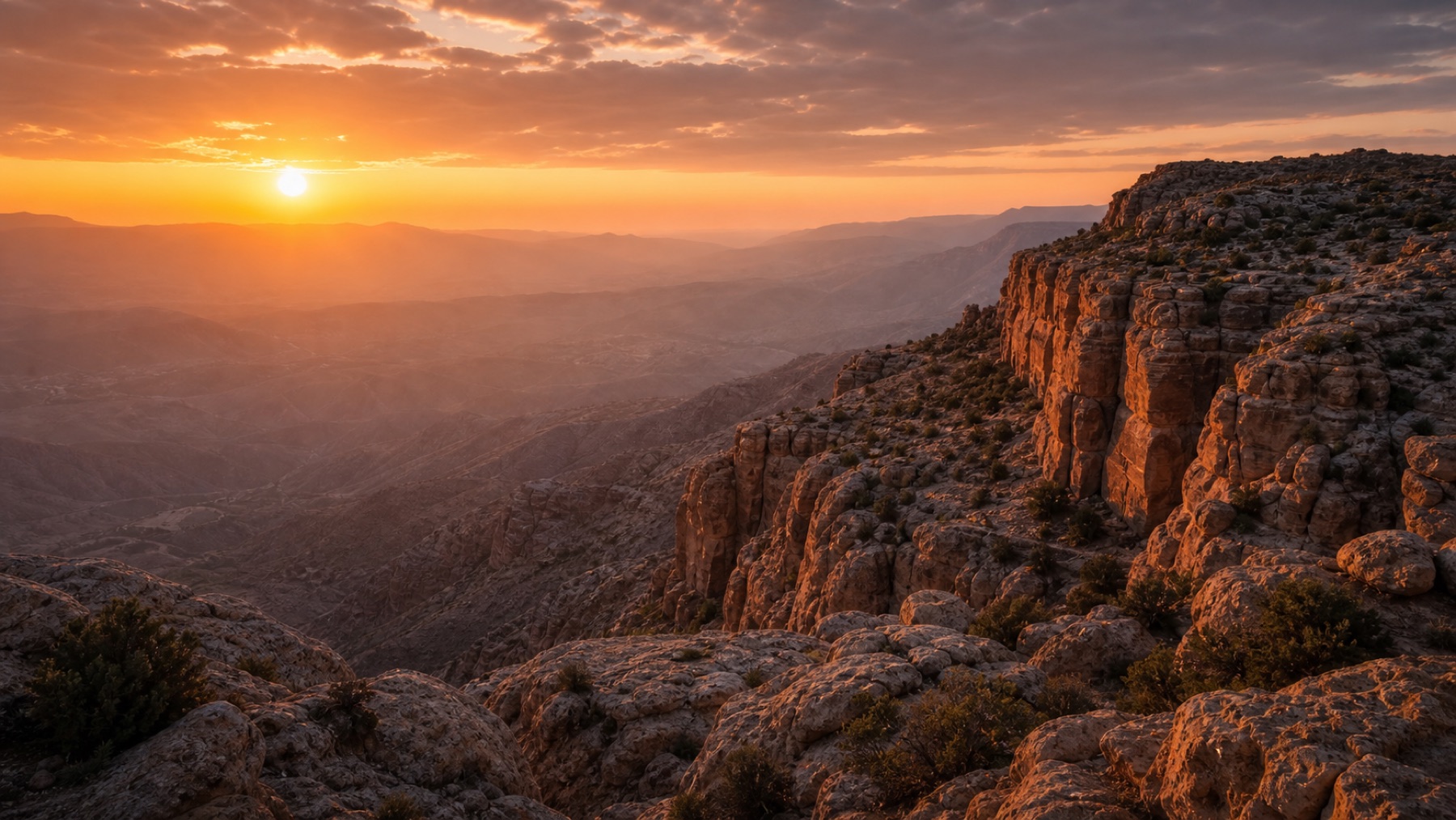 Sunset over Dana cliffs and canyon landscape