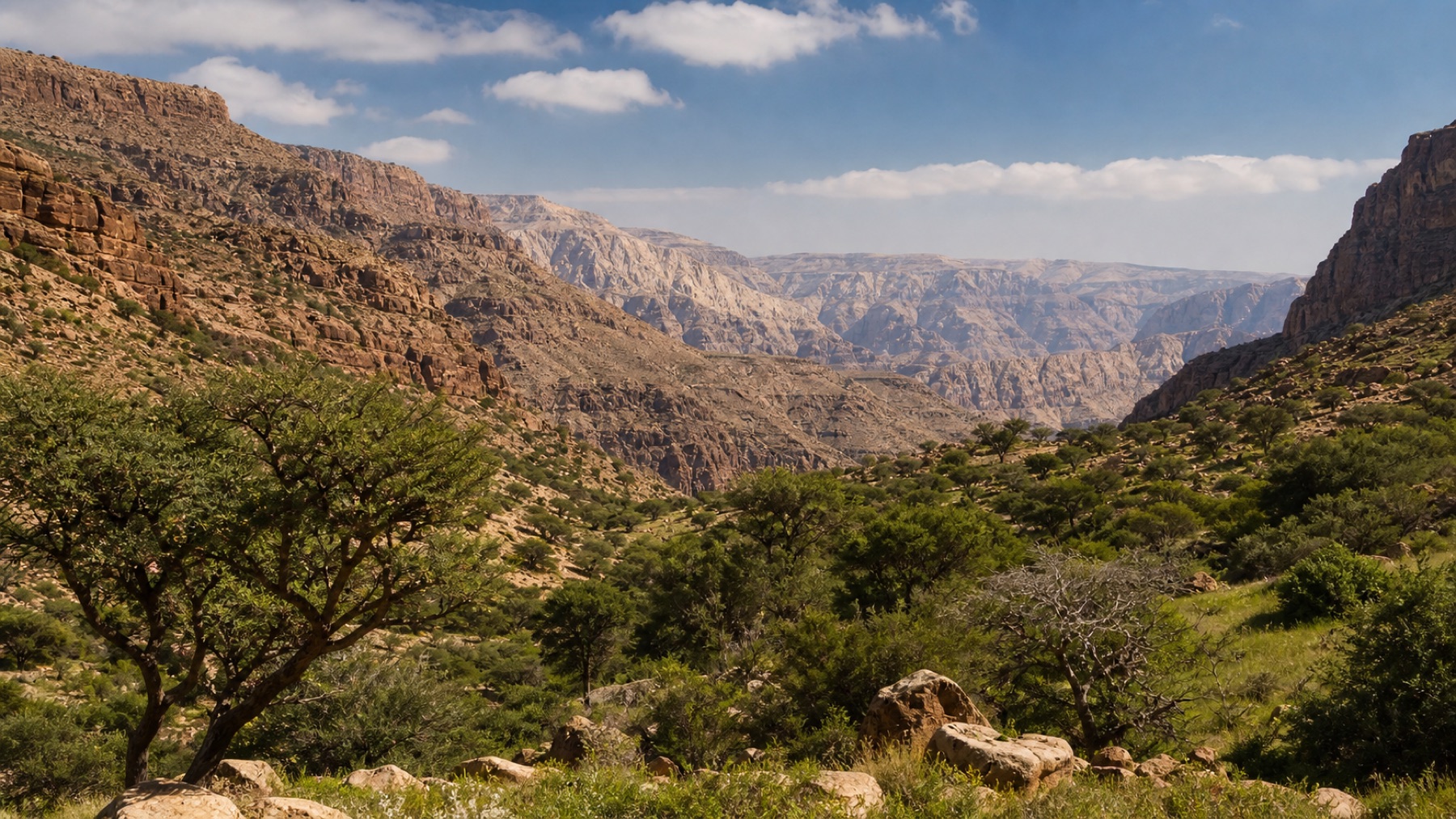 Wild Dana landscape with desert mountains and greenery