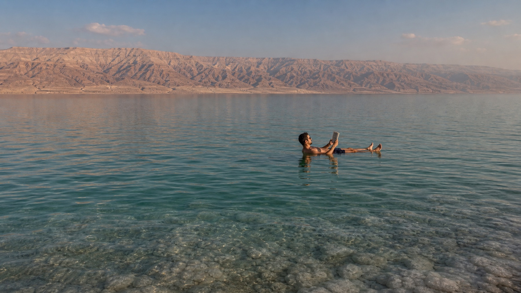 Traveler floating naturally in the Dead Sea with desert mountains behind