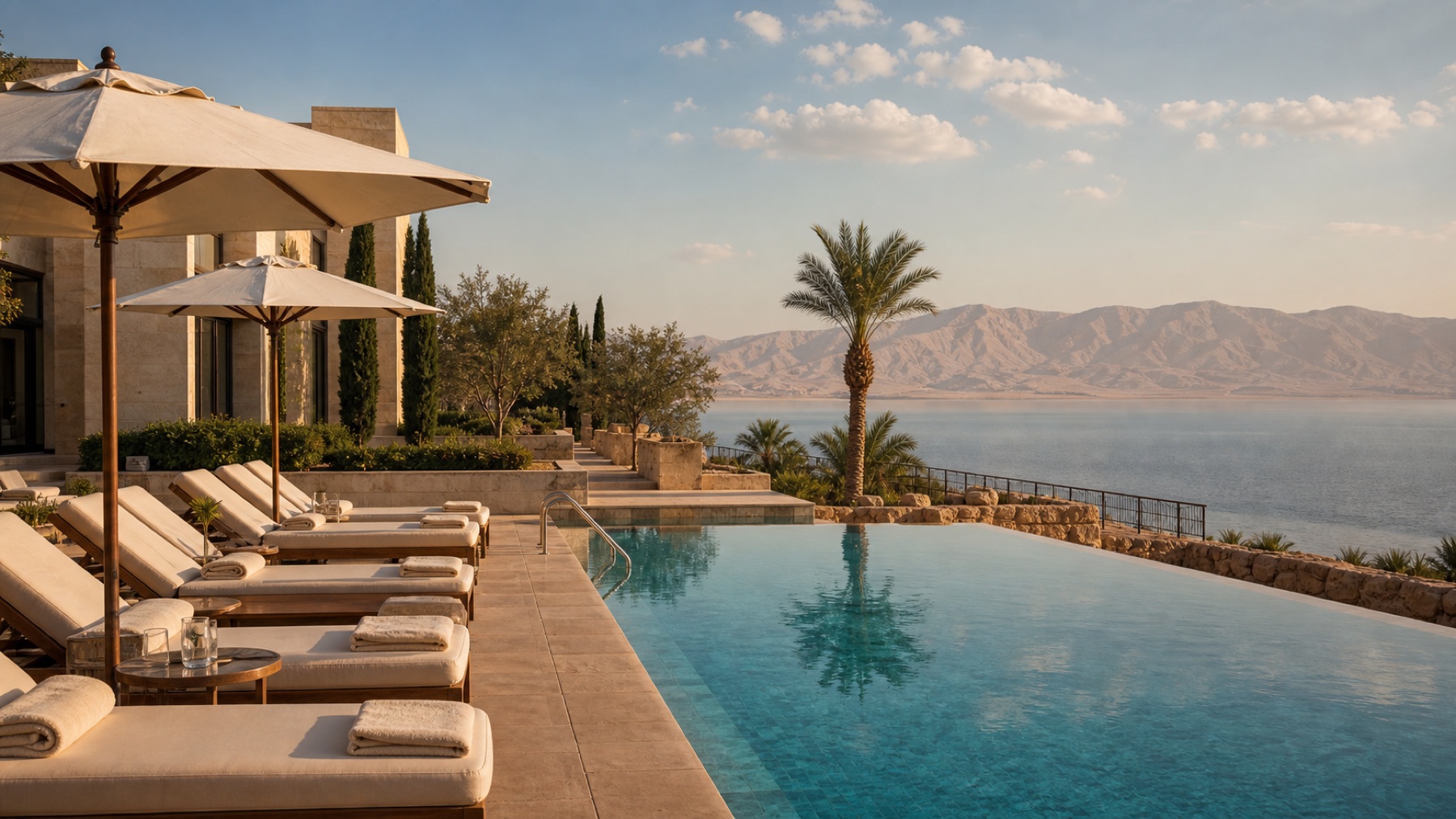 Luxury Dead Sea resort terrace overlooking the water