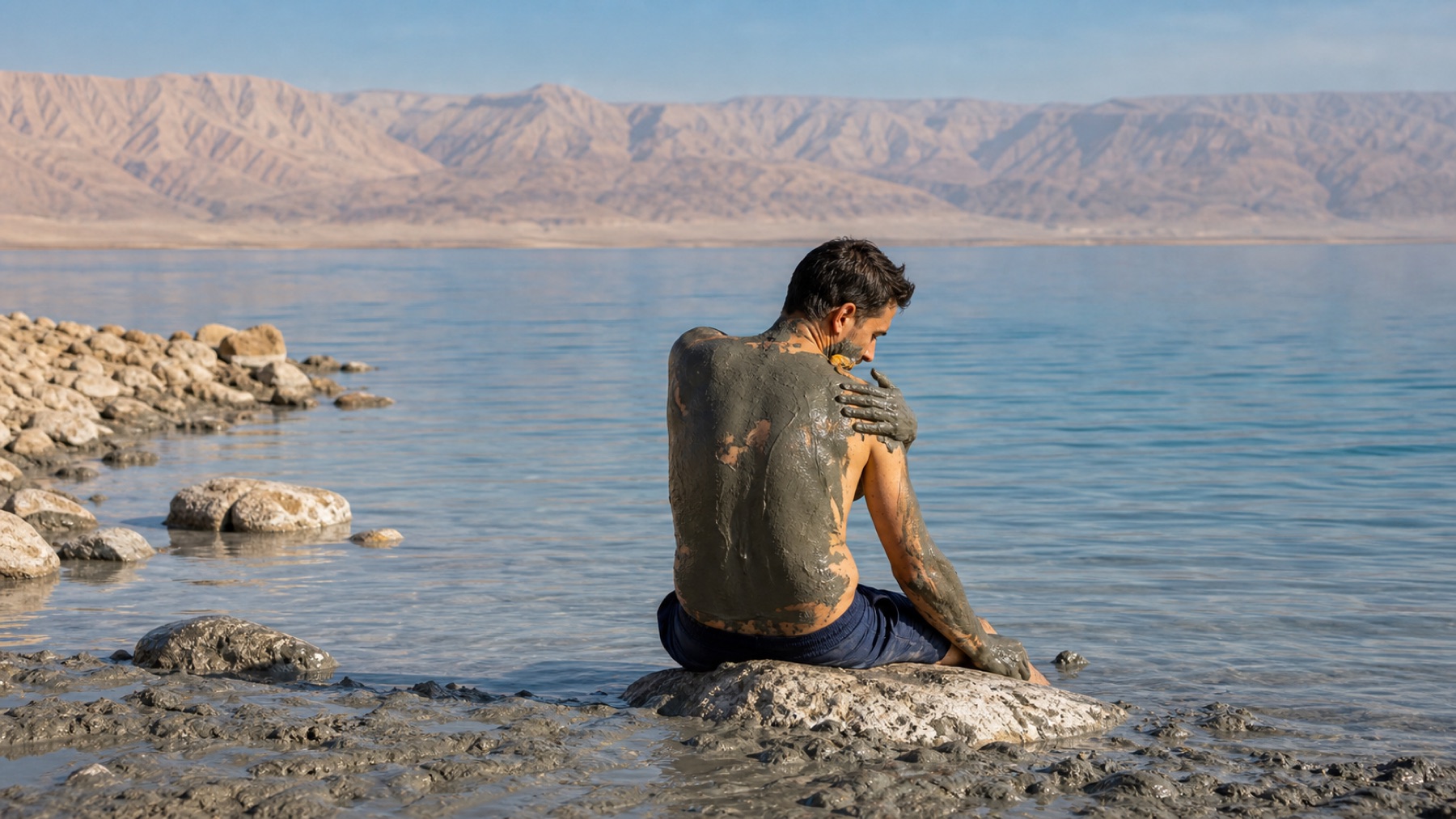 Dead Sea mud experience on the shore from a respectful distance