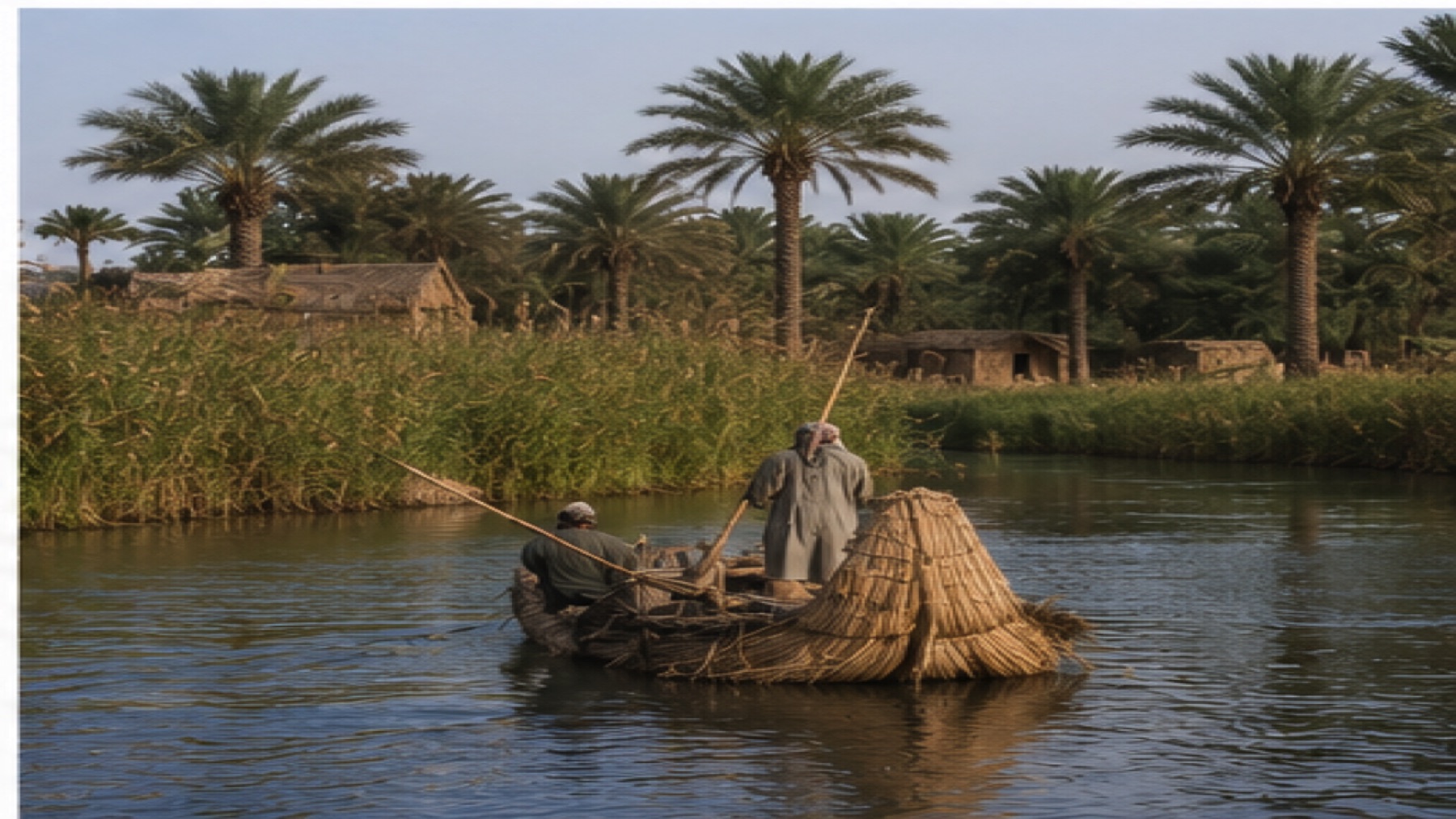 Traditional boat moving through the marshes of southern Iraq