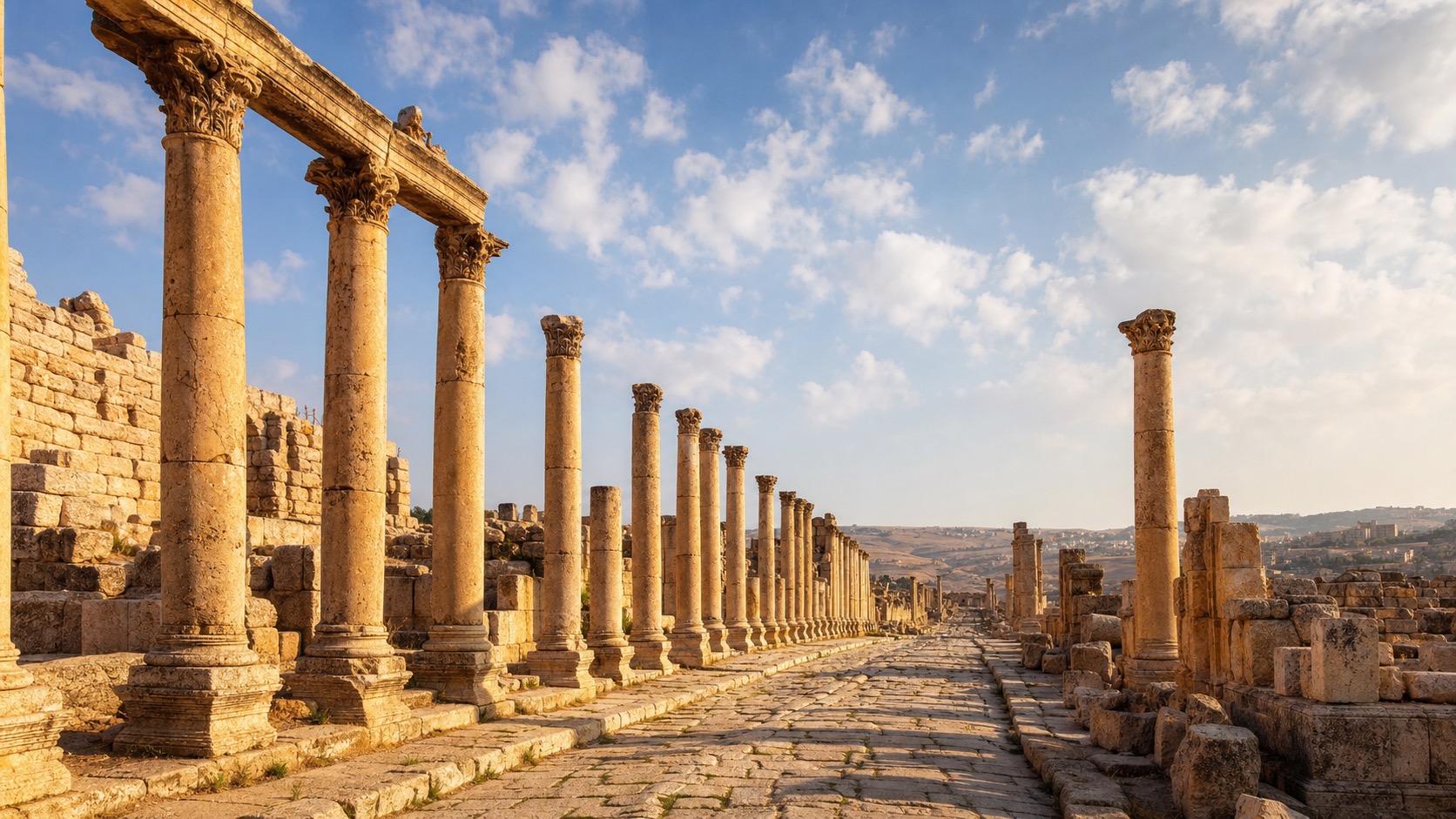 Roman columns and ancient stone street in Jerash