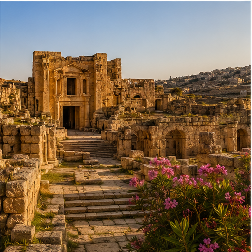 Jerash ruins with spring flowers and stone columns