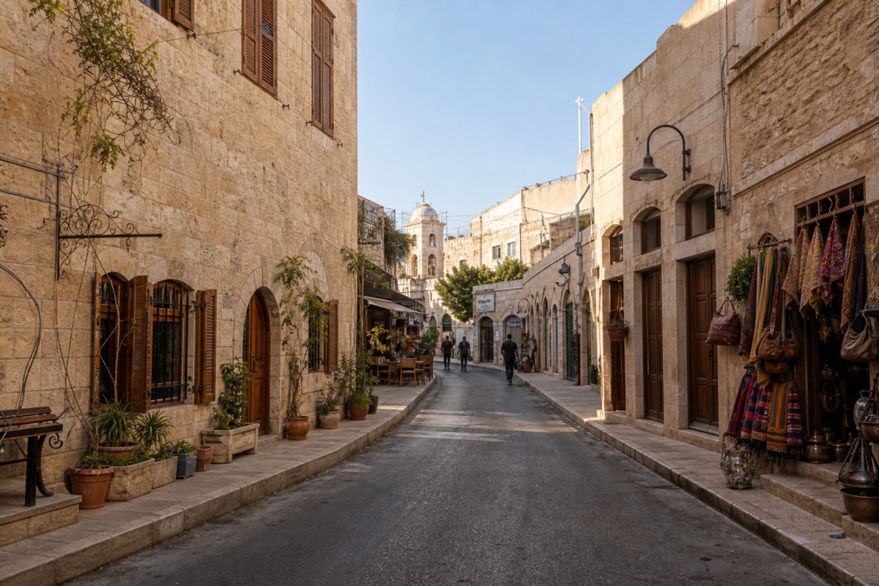Traditional streets of Madaba with historic limestone buildings