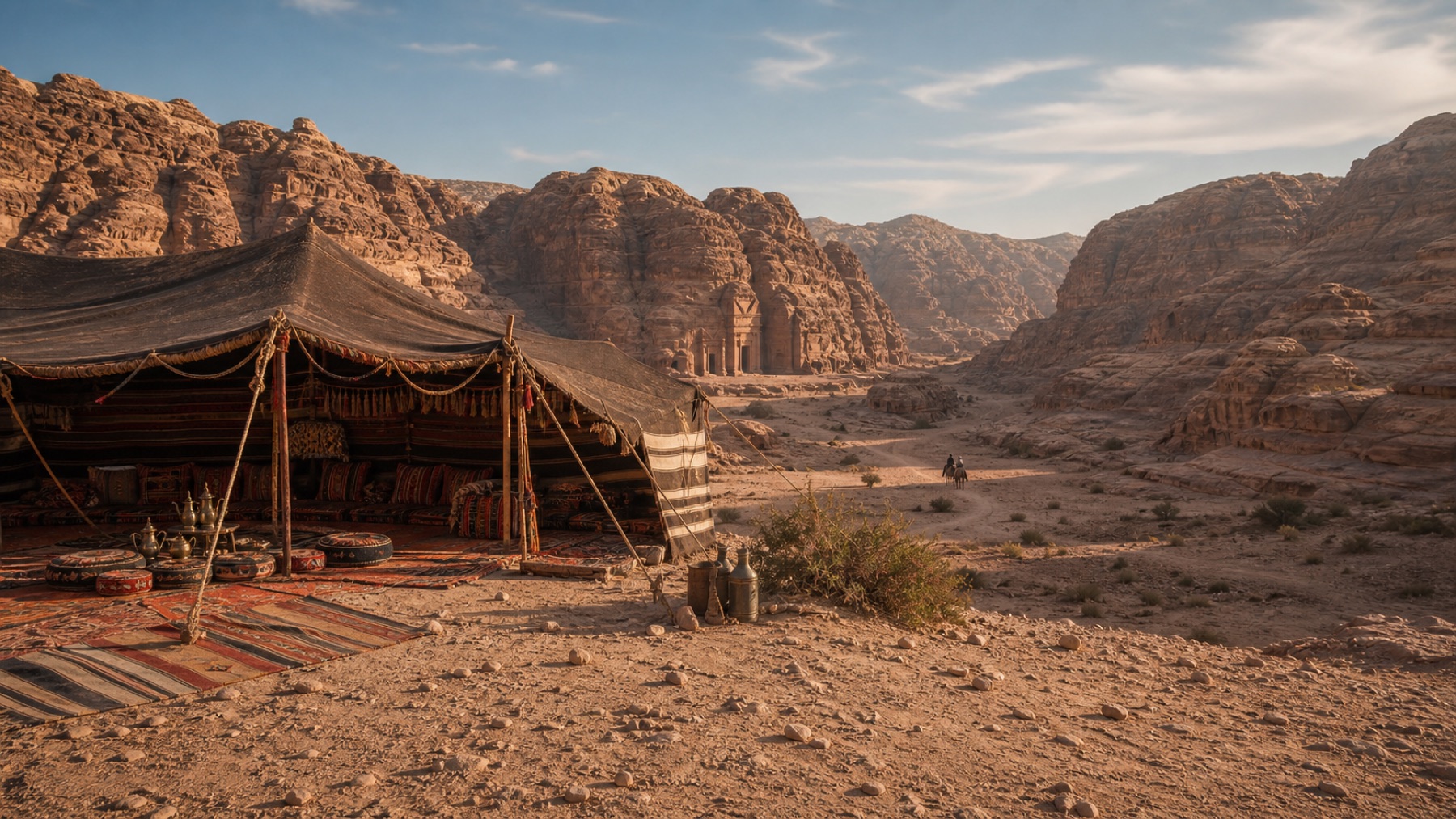 Bedouin tent atmosphere near Petra in a sandstone desert setting