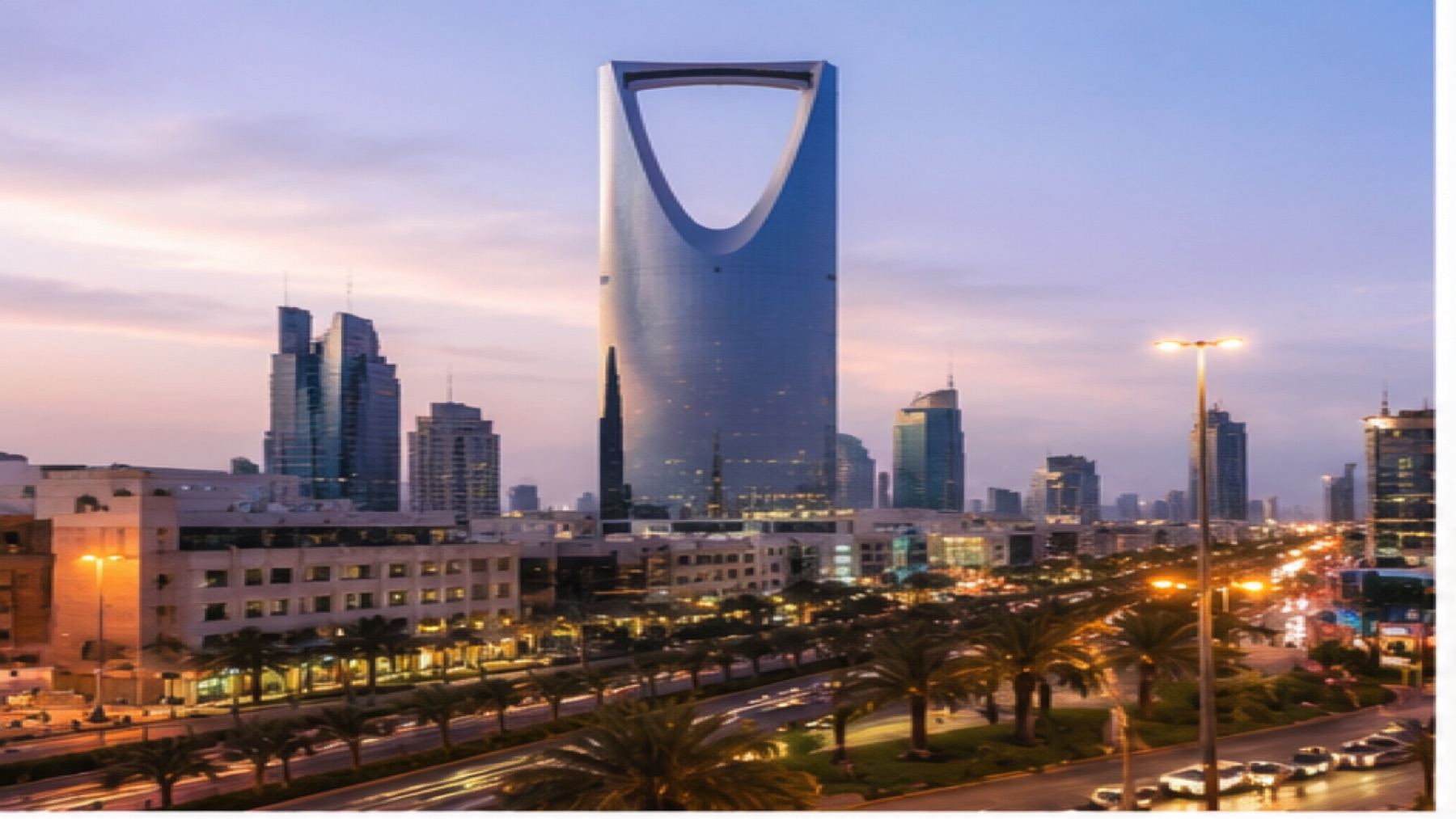 Riyadh skyline at dusk with the Kingdom Centre tower