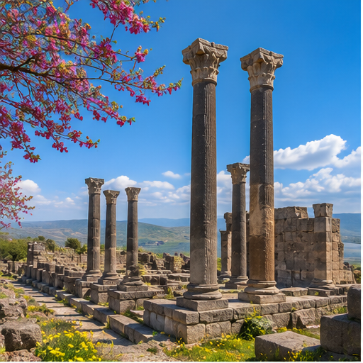 Umm Qais ancient ruins with valley and Sea of Galilee views