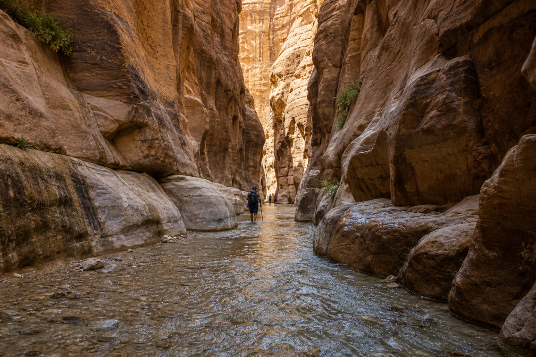 Hikers walking through the Wadi Al Mujib Siq Trail sandstone canyon