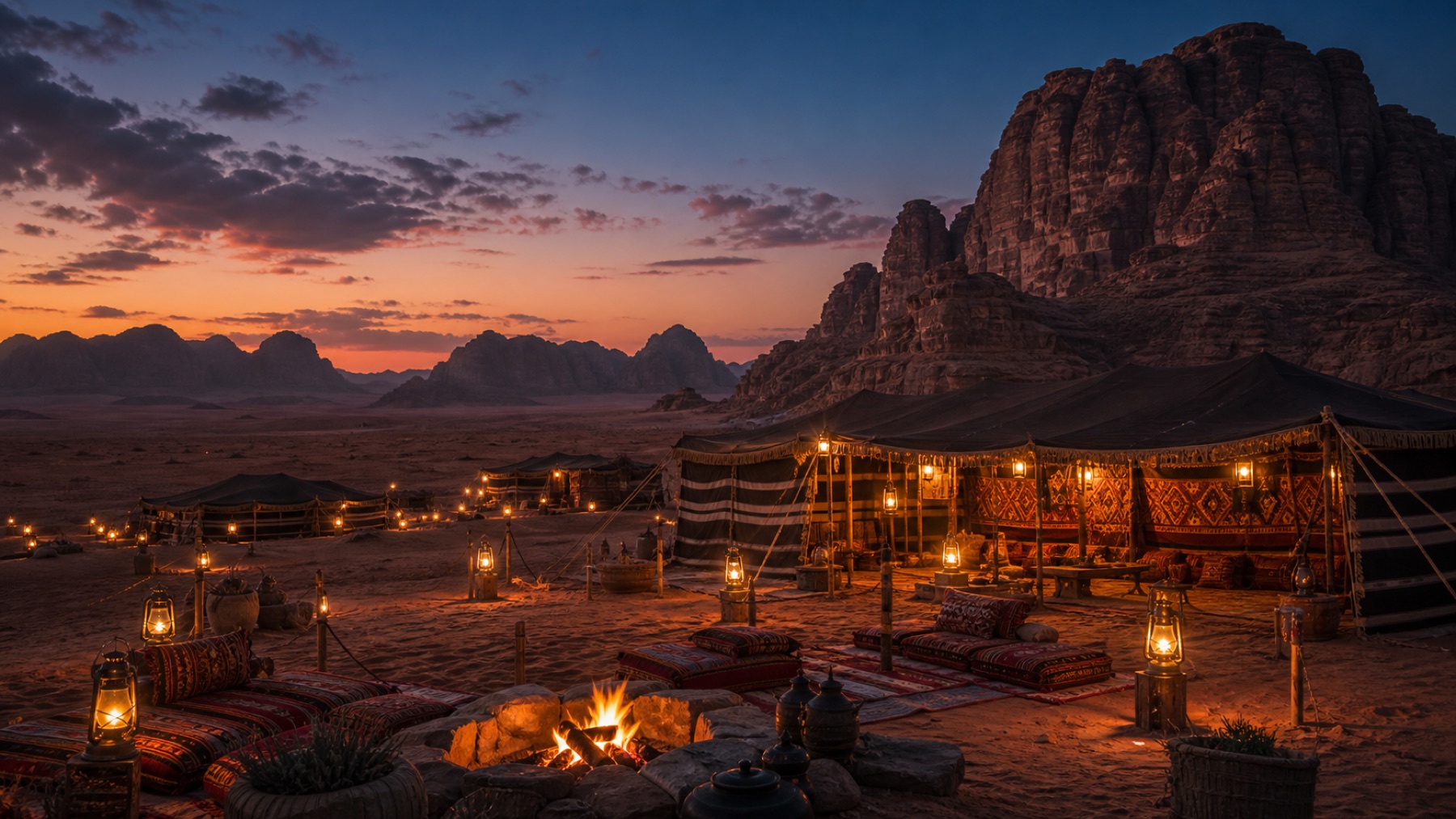Bedouin camp in Wadi Rum at dusk with warm lanterns