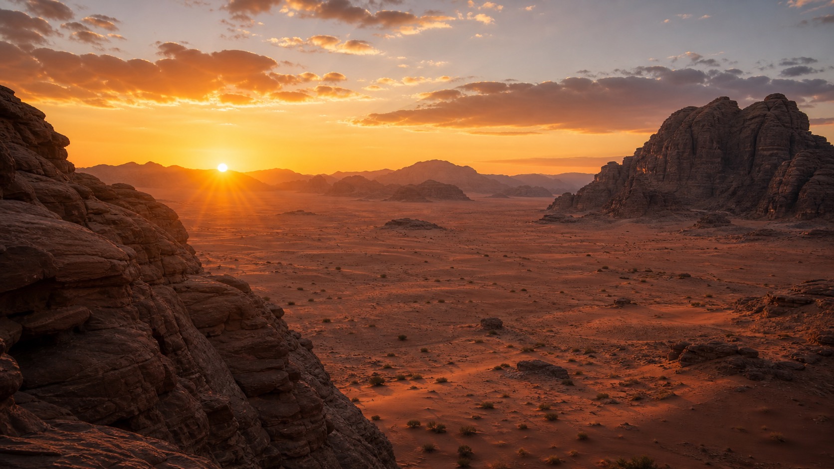 Wadi Rum desert at sunset with red sandstone mountains